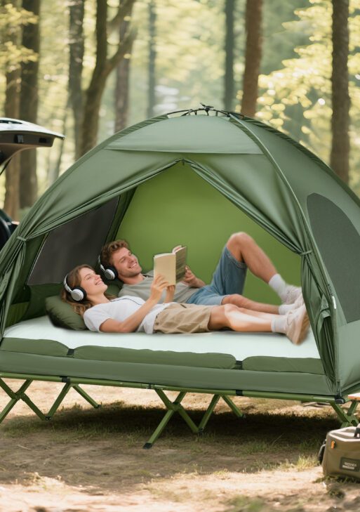 2-Person Tent Cot, 4-in-1 Elevated Camping Bed Combo with Air Mattress, Bed Cover, Foot Pump, Folding Off Ground Double Tent for Camping, Hiking, Backpacking