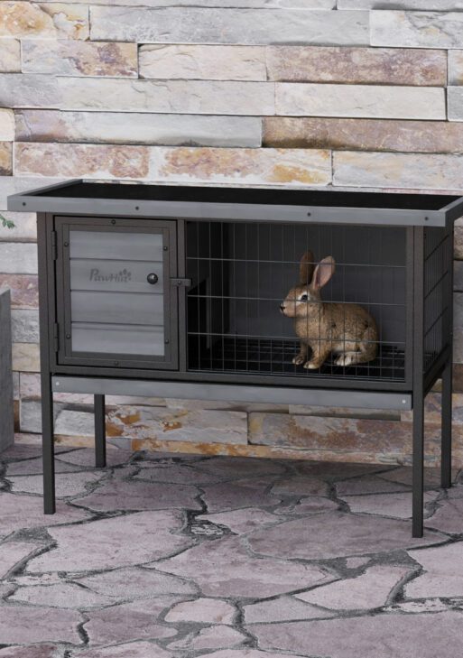 Wooden Rabbit Hutch Elevated with No Leak Tray, Openable Roof for Indoor/Outdoor, Gray
