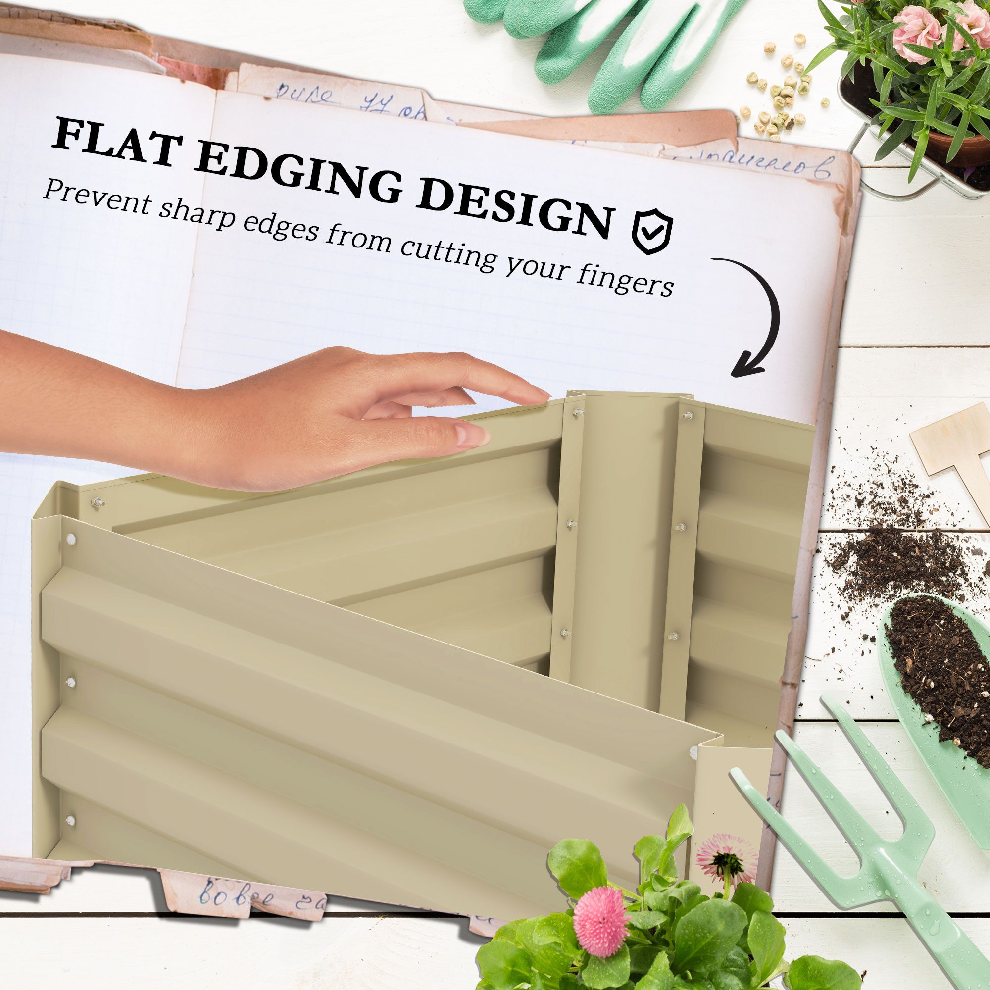 Galvanized Planter Box, 24" x 24" x 73.5" Raised Garden Bed with Tomato Cage for Climbing Vines, Cream - Image 4