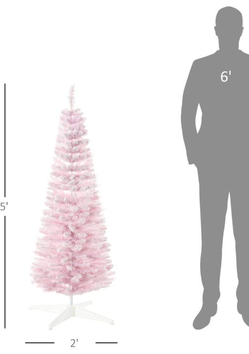 5' Decorated Christmas Tree Snow Flocked Artificial Christmas Tree with Pencil Shape, Realistic Branches, Pink