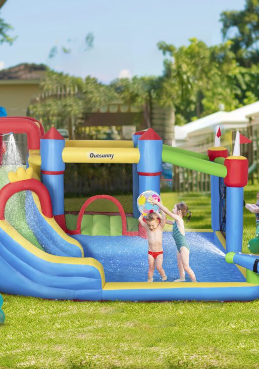 6-in-1 Inflatable Bounce House with Slide, Climbing Wall, Water Cannon, and More, Inflatable Water Slide for Kids with 2 Min. Inflation