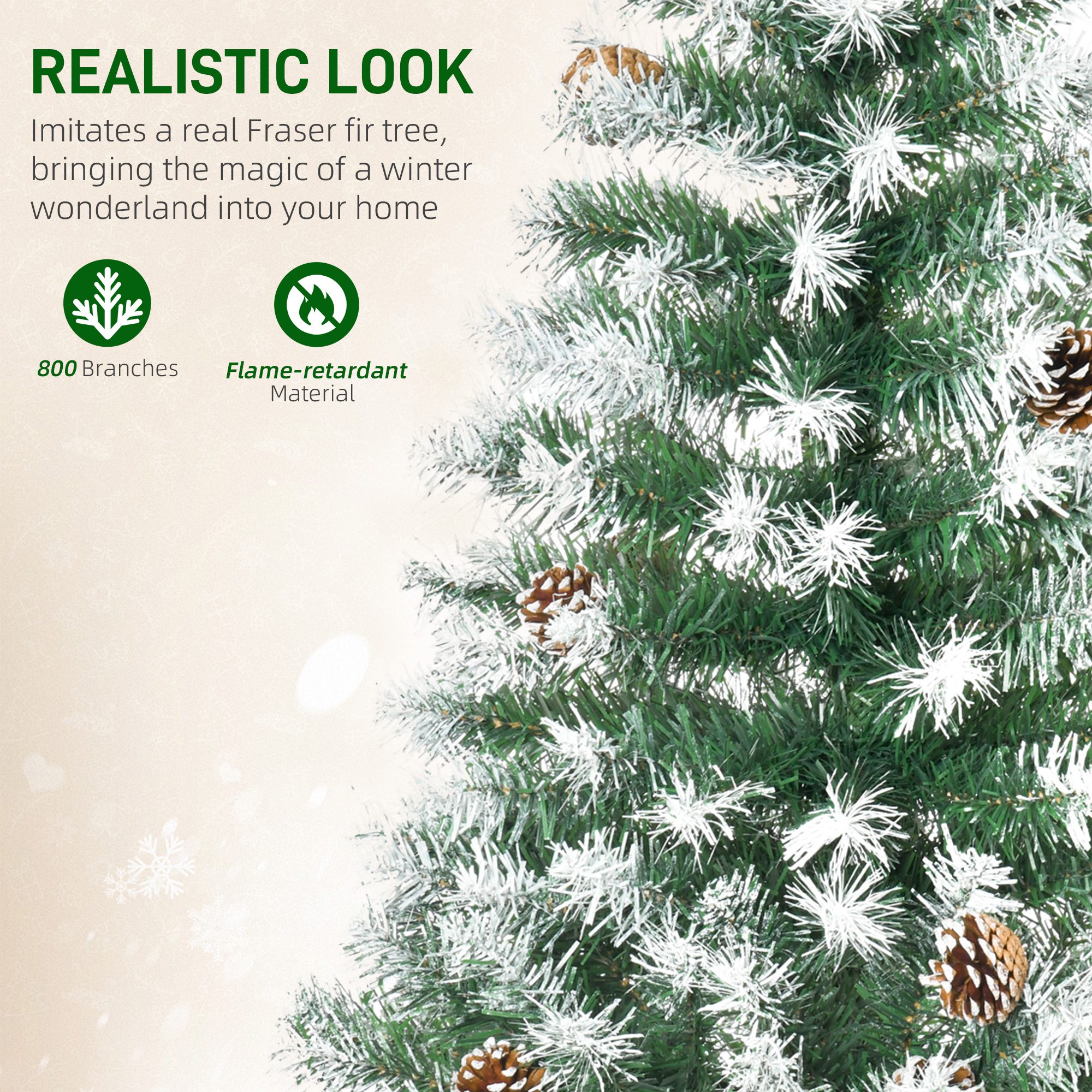 6ft Unlit Snow-Dusted Full Fir Artificial Christmas Tree with Realistic Branches, 61 Pine Cones and 800 Tips - Image 3