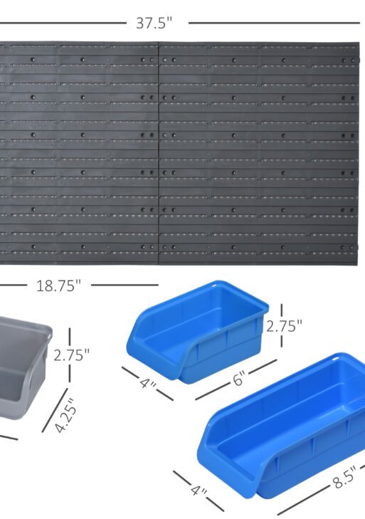 44 PCS Wall Mounted Pegboard Tool Organizer Rack Kit with Various Sized Storage Bins, Pegboard and Hooks, Blue