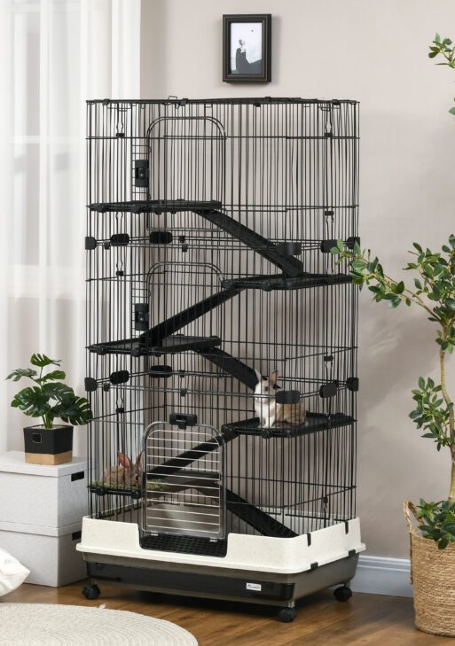 32"L 6-Level Small Animal Cage Rabbit Hutch with Universal Lockable Wheels, Slide-out Tray for Bunny, Chinchillas, Ferret, Black