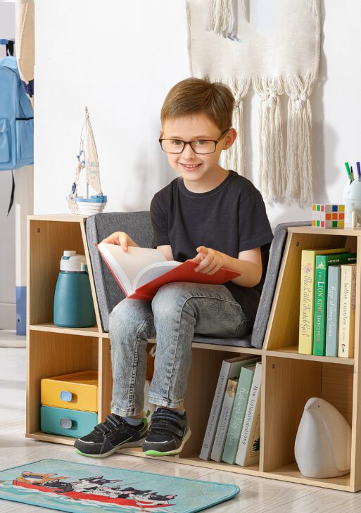 6-Cubby Kids Bookcase with Reading Nook and Cushion, Multi-Purpose Storage Organizer for Bedroom, Living Room, Natural