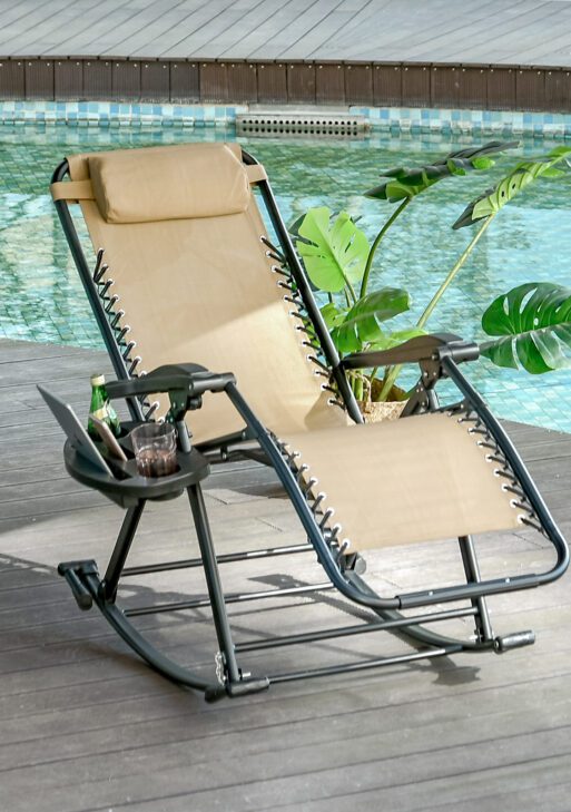 Outdoor Rocking Chairs, Foldable Reclining Zero Gravity Lounge Rocker with Pillow, Phone & Cup Holder, Combo Design with Folding Legs, Beige