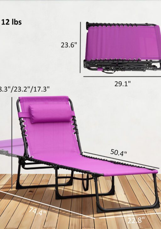 Folding Chaise Lounge Pool Chair with 4-Position Reclining Back, Pillow, Breathable Mesh & Bungee Seat, Purple