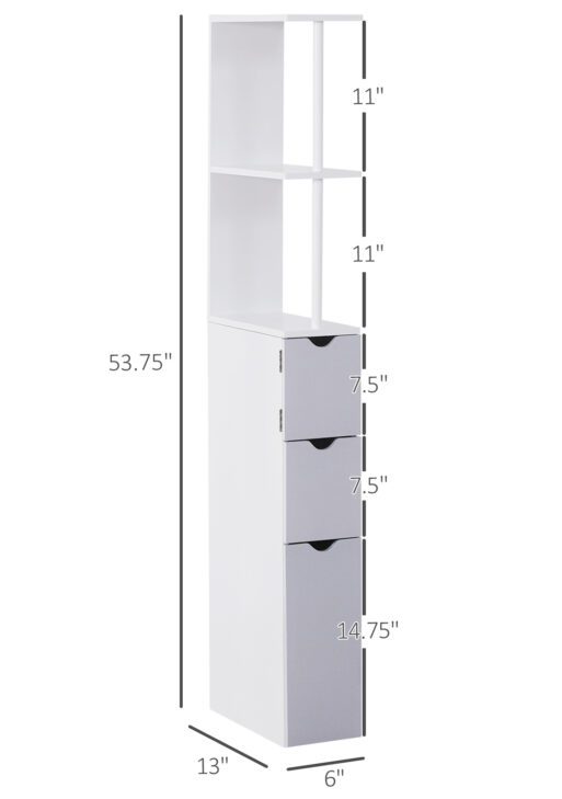 54" Tall Bathroom Storage Cabinet, Freestanding Linen Tower with 2-Tier Shelf and Drawers, Narrow Side Floor Organizer, White