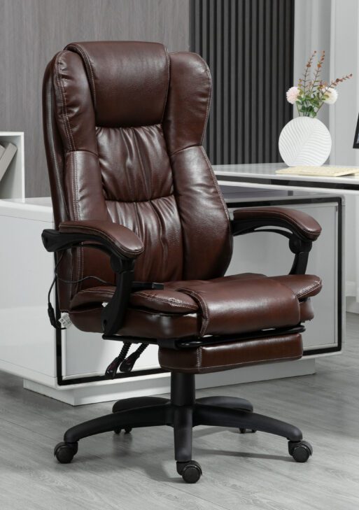 High Back Massage Office Chair with 6-Point Vibration, 5 Modes, Executive Chair, PU Leather Swivel Chair with Reclining Back, and Retractable Footrest, Brown