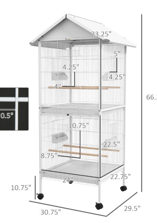 Wrought Metal Bird Cage Feeder with Rolling Stand Perches Food Containers Doors Wheels 67" H, White