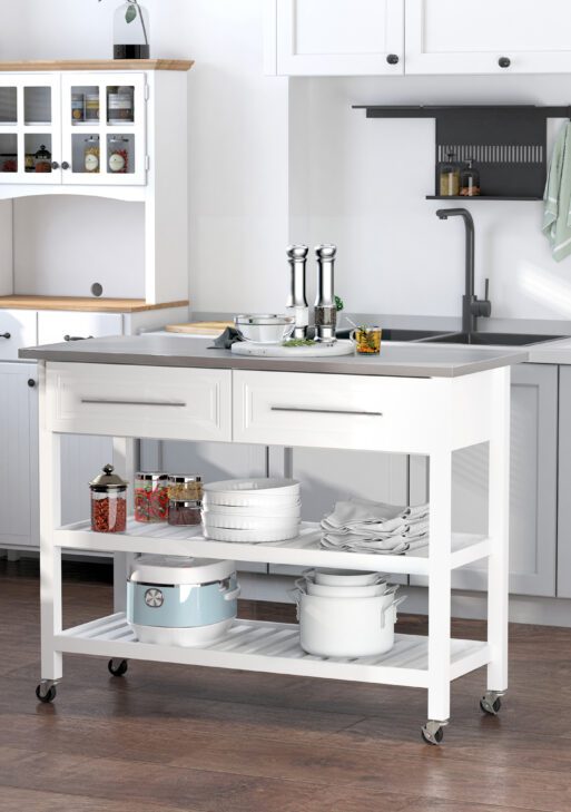 Kitchen Island with Stainless Steel Top, Traditional Kitchen Island with Storage, Butcher Block Cart 2-Tier Open Shelves, Drawers, White