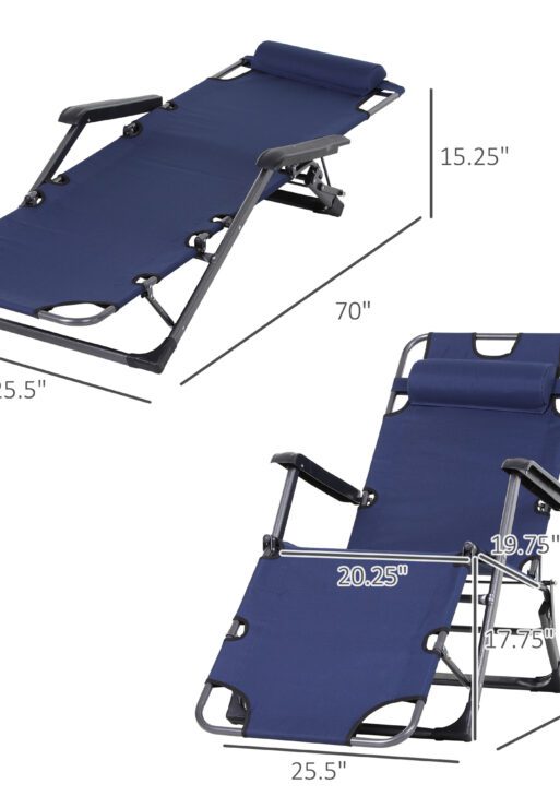 Folding Chaise Lounge Chair for Outside, 2-in-1 Tanning Chair with Pillow & Pocket, Adjustable Pool Chair for Beach, Patio, Lawn, Deck, Navy