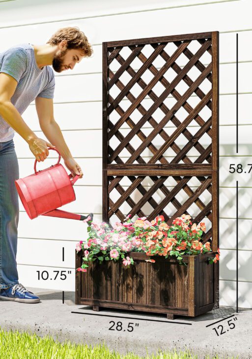 Wooden Raised Garden Bed Planting Planter Box with Trellis and Drain Holes for Climbing Vine Plants, Brown