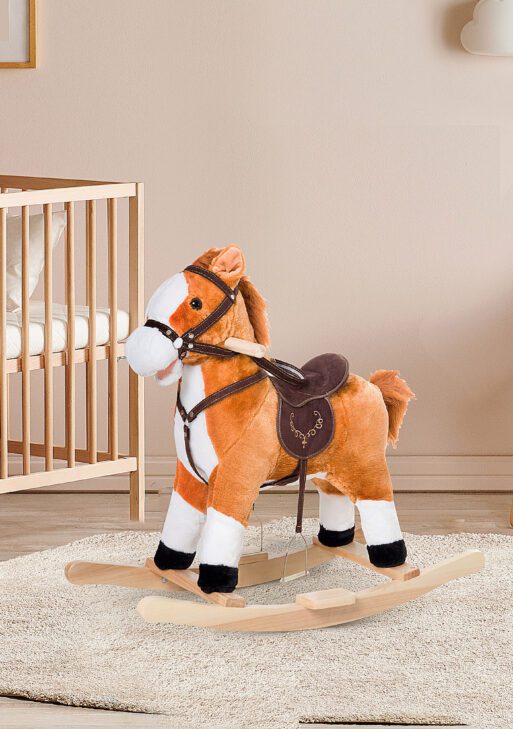 Qaba Kids Plush Toy Rocking Horse, Wooden Ride-on Chair, Plush Animal Rocker with Realistic Sounds and Moving Tail for Toddlers, Brown