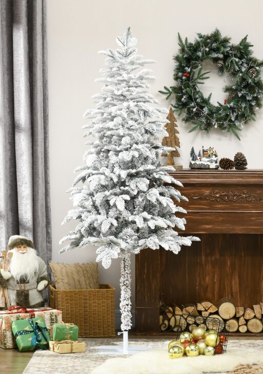 6' Artificial Flocked Christmas Trees, with Snow Frosted Branches, Auto Open, Steel Base