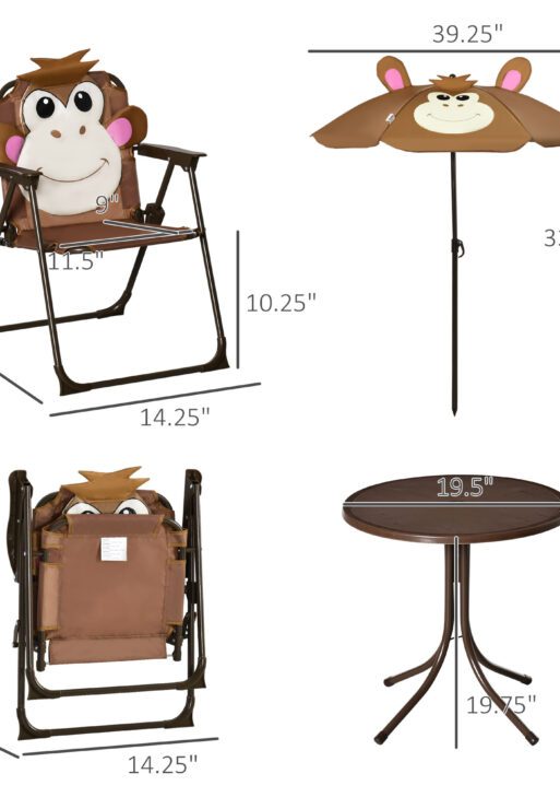 Kids Table and Chair Set, Outdoor Folding Garden Furniture, Picnic Table for Patio Backyard, with Removable & Height Adjustable Sun Umbrella, Aged 3-6 Years Old, Brown
