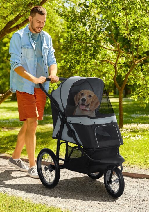 3 Wheels Pet Stroller for Small Dogs and Medium Dogs with Adjustable Canopy, Safety Tether, Storage Basket, Gray