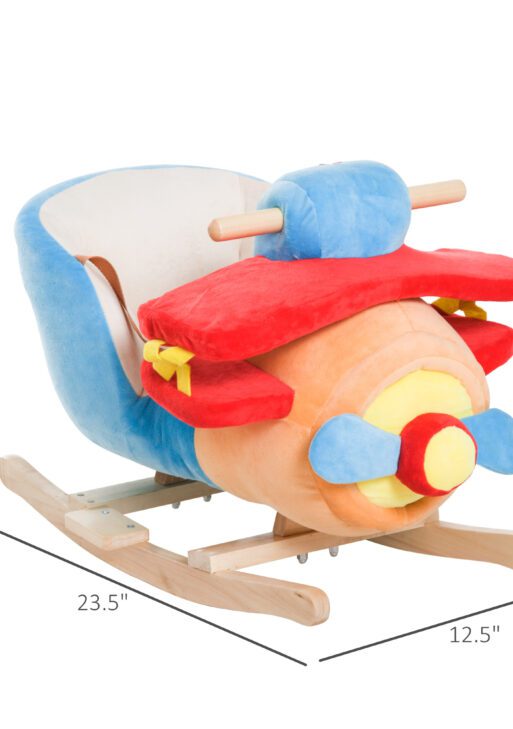 Kids Rocking Horse, Wooden Plush Ride-on Plane Chair Toy with Lullby Song and Seat Belt for 18 Month +