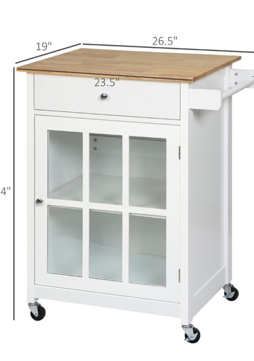 27" Rolling Kitchen Island Cart with Drawer and Glass Door Cabinet, Kitchen Trolley with Adjustable Shelf and Towel Rack, White