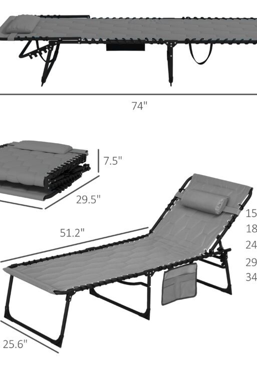 Folding Chaise Lounge Set with Reclining Back, 25.6" x 74" x 14.2", Gray