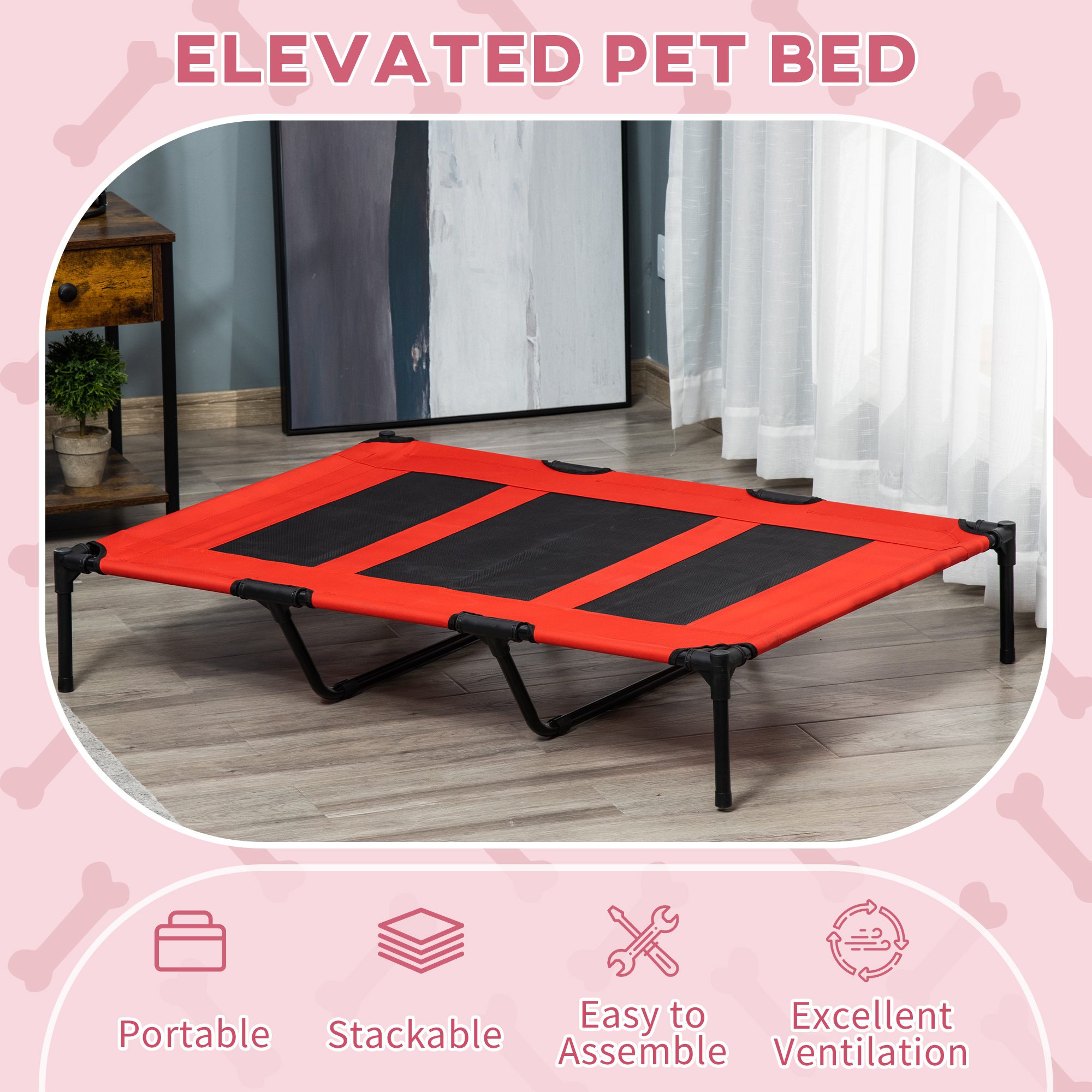 XL Elevated Dog Bed, Outdoor Raised Dog Bed, Portable Pet Cot w/Carry Bag Metal Frame Breathable Mesh Indoor and Outdoor Red - Image 2