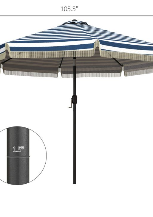 9ft Patio Umbrella Outdoor Table Umbrella w/ Tilt, Crank, Ruffled, 8 Ribs for Garden, Deck, Pool, Blue Stripe