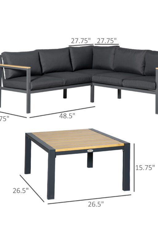 4 Piece Patio Furniture Set, Outdoor L-Shaped Sectional Sofa with 2 Loveseats, 1 Couch Corner, Outside Conversation Set with Dining Table, Cushions, Gray