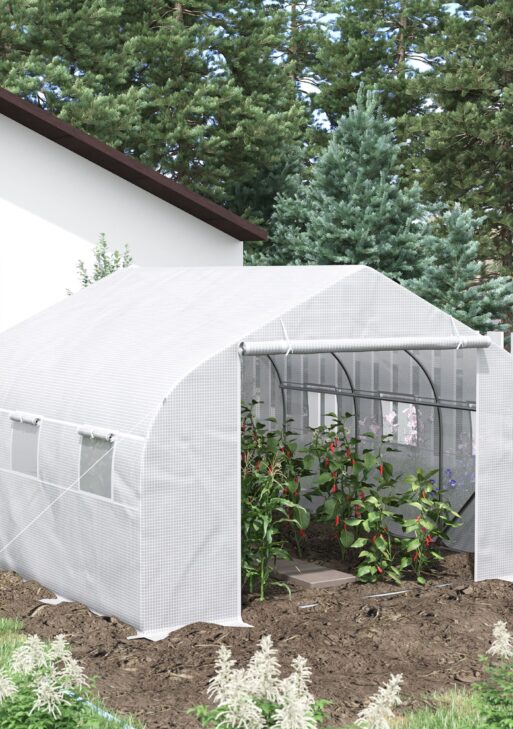 11.5' x 10' x 6.5' Walk-in Greenhouse, Tunnel Green House with Zippered Mesh Door and 6 Mesh Windows, Gardening Plant Hot House with Galvanized Steel Frame, White