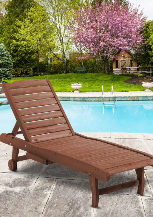 Chaise Lounge Chair Outdoor Wooden Pool Lounge Chair with 3-level Adjustable Backrest, Built-In Table and Rolling Wheels, Sun Tanning Chair for Beach Poolside Sunbathing, Brown Red