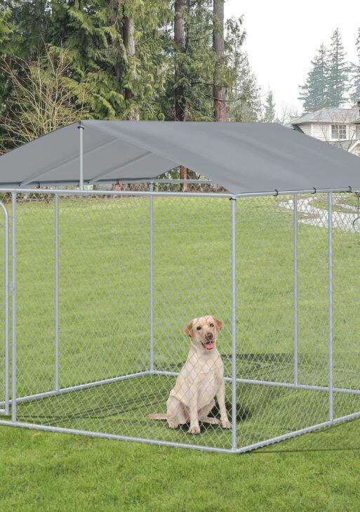 Outdoor Dog Kennel Galvanized Steel Fence with Cover Secure Lock Mesh Sidewalls for Backyard 9.8' x 9.8' x 7.7'