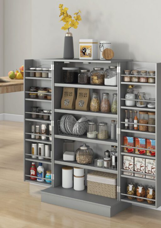 Gray Pantry Cabinet, 5-Tier Adjustable Storage for Kitchen, 12 Door Shelves, Double Doors, Gray