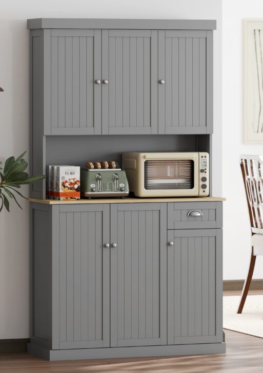 71" Buffet with Hutch, Modern Farmhouse Kitchen Pantry Storage Cabinet with Microwave Oven Countertop, Drawer, Gray
