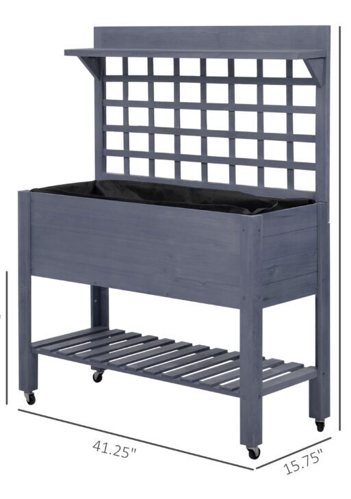 41" Raised Garden Bed Mobile Elevated Wooden Planter Box Stand with Wheels, Trellis and Storage Shelf, Gray