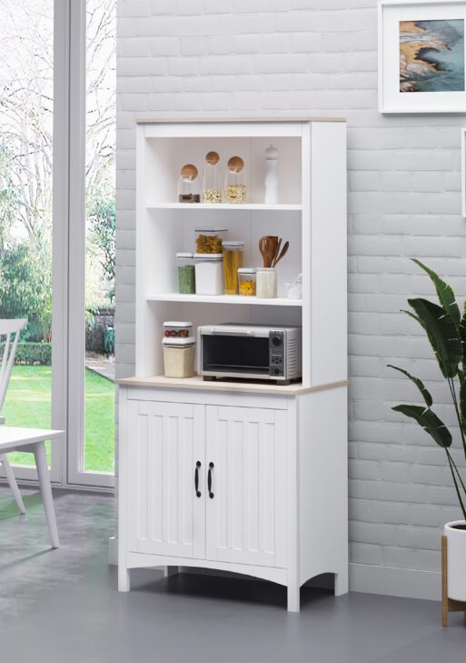 70" Kitchen Hutch, Freestanding Storage Pantry Cabinet with 3-Tier Shelving, Sideboard with Adjustable Shelves and Open Countertop, White