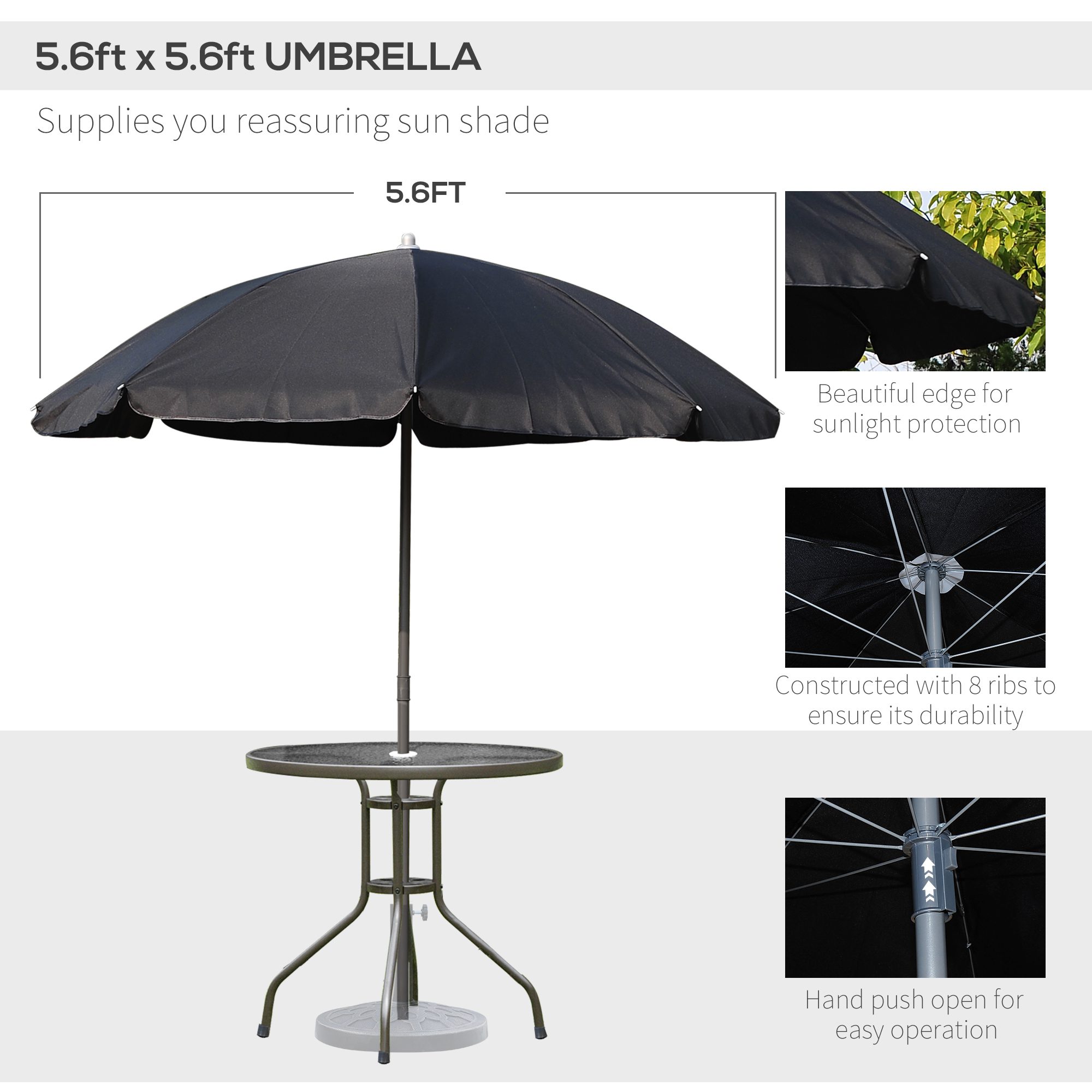 6 Piece Patio Dining Set for 4 with Umbrella, Outdoor Table and Chairs with 4 Folding Dining Chairs & Round Glass Table for Garden, Backyard and Poolside, Black - Image 2