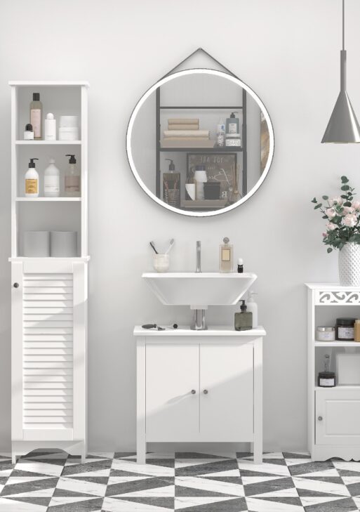 Tall Bathroom Storage Cabinet/Freestanding Linen Tower with 3-Tier Open Adjustable Shelf and Cupboard, White