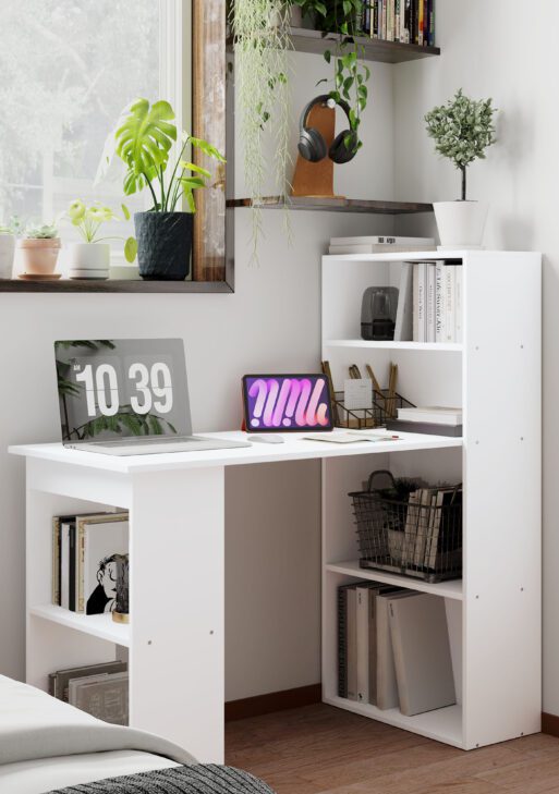 Computer Desk with 6-Tier Storage Shelves, Writing Desk Workstation with Bookshelf for Home Office, White