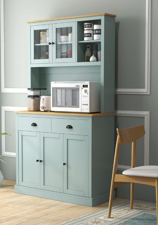 Kitchen Pantry Storage Cabinet with Microwave Stand, 71" Modern Kitchen Hutch with Open Countertop, Glass Doors, Storage Drawers and Adjustable Shelves for Dining Room, Coffee Bar, Light Blue