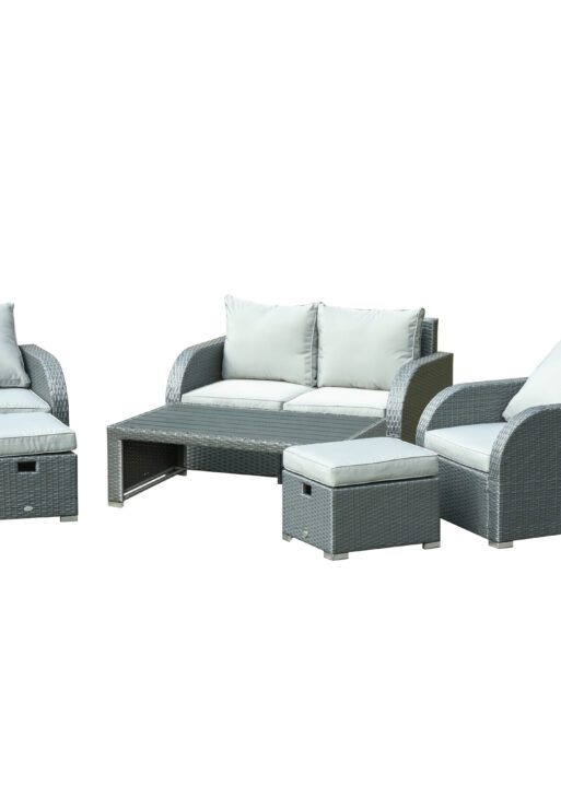 6-PCs Patio Furniture Sets Outdoor Wicker Sofa Set Rattan Angle Adjustable Recline Single Chair Conversation Set, Ottomans, w/ Polyester Tea Table Gas Spring & Soft Washable Cushions, Grey