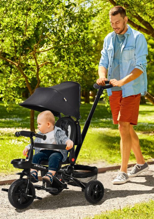 Kids Tricycle, 4 in 1 Foldable Trike with Reversible Seat, Adjustable Parent Handle, Safety Harness, Wheel Brakes, Removable Canopy, Storage, Tricycle for Toddlers 1-5 Years, Black