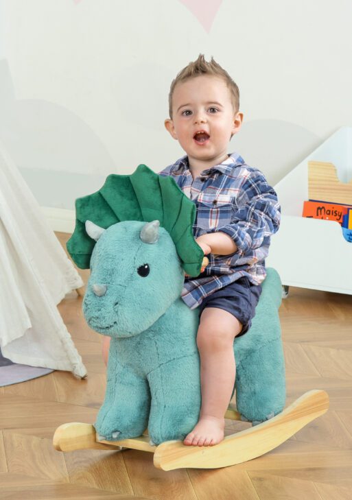 Kids Plush Ride-On Rocking Horse Triceratops-shaped Plush Toy Rocker with Realistic Sounds for Child 36-72 Months Dark Green