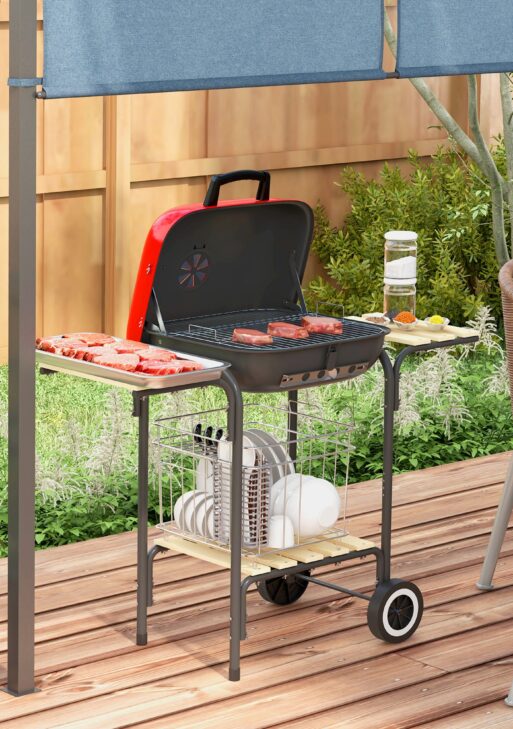 Portable BBQ Grill Charcoal Grill with Wheels Bottom Shelf, 2 Tables and Adjustable Vents for Backyard Cooking, Red