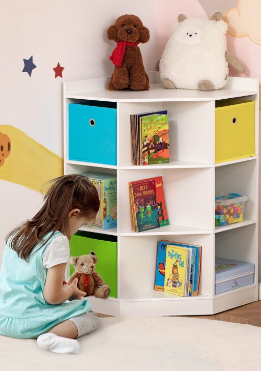 Kids Corner Cabinet, Cubby Toy Storage Organizer, Bookshelf Unit with Three Baskets for Playroom, Bedroom, Living Room, White