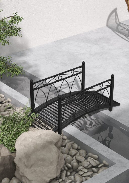 3.3' Metal Arch Zen Garden Pond Bridg with Safety Siderails for Stream, Fish Pond, Black
