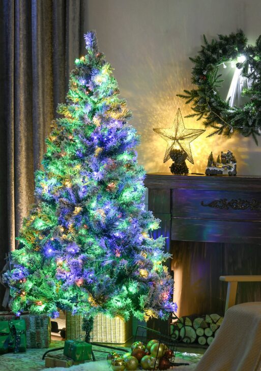 6' Artificial Snow Christmas Trees with Frosted Branches, Warm White or Colorful LED Lights, Steel Base