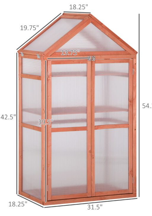 32" x 19" x 54" Garden Wood Cold Frame Greenhouse Flower Planter with Adjustable Shelves, Double Doors, Orange