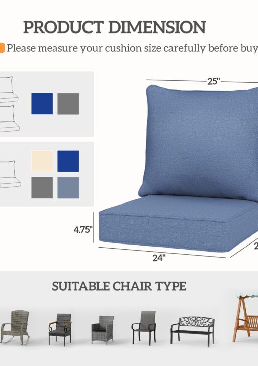 4 Patio Chair Cushions with Seat & Backrest, Fade Resistant Seat Replacement Cushion Set, Blue