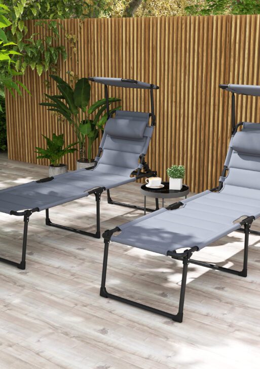 2 Pcs Outdoor Lounge Chair, 4 Position Adjustable Backrest, Folding, Cushioned w/ Sun Shade Roof & Pillow, Gray