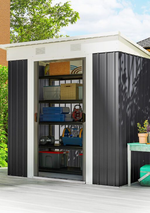 6' x 4' Metal Lean to Garden Shed, Outdoor Storage Shed, Garden Tool House with Double Sliding Doors, 2 Air Vents for Backyard, Patio, Lawn, Black