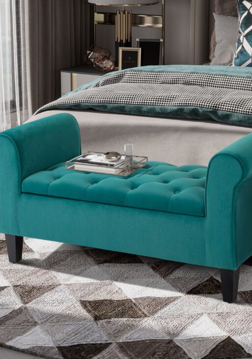 Button-Tufted Storage Ottoman Bench, Upholstered Bench with Rolled Armrests for Living Room or Hallway, Green